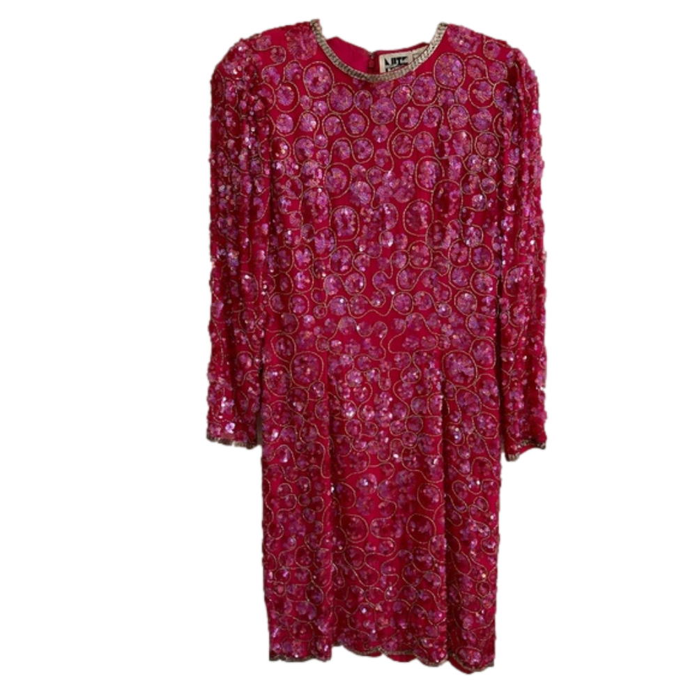 Vtg 80s Niteline Silk Beaded Pink Dress